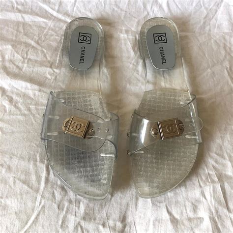 chanel clear jelly slides price|chanel quilted wedges.